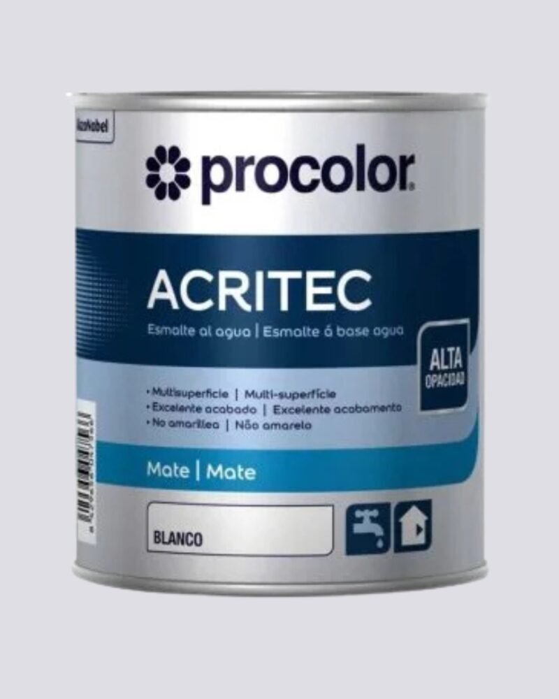Tinta Esmalte ACRITEC Mate Branco PROCOLOR Multi-Superfícies Interior e Exterior Secagem Rápida Alta Opacidade Flexível e Lavável – Qualidade Profissional PROCOLOR Garantida