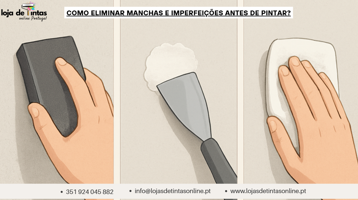 Processo de correção de manchas e imperfeições na parede antes de pintar.