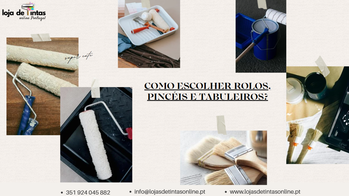 Seleção de rolos, pincéis e tabuleiros adequados para diferentes tipos de pintura.