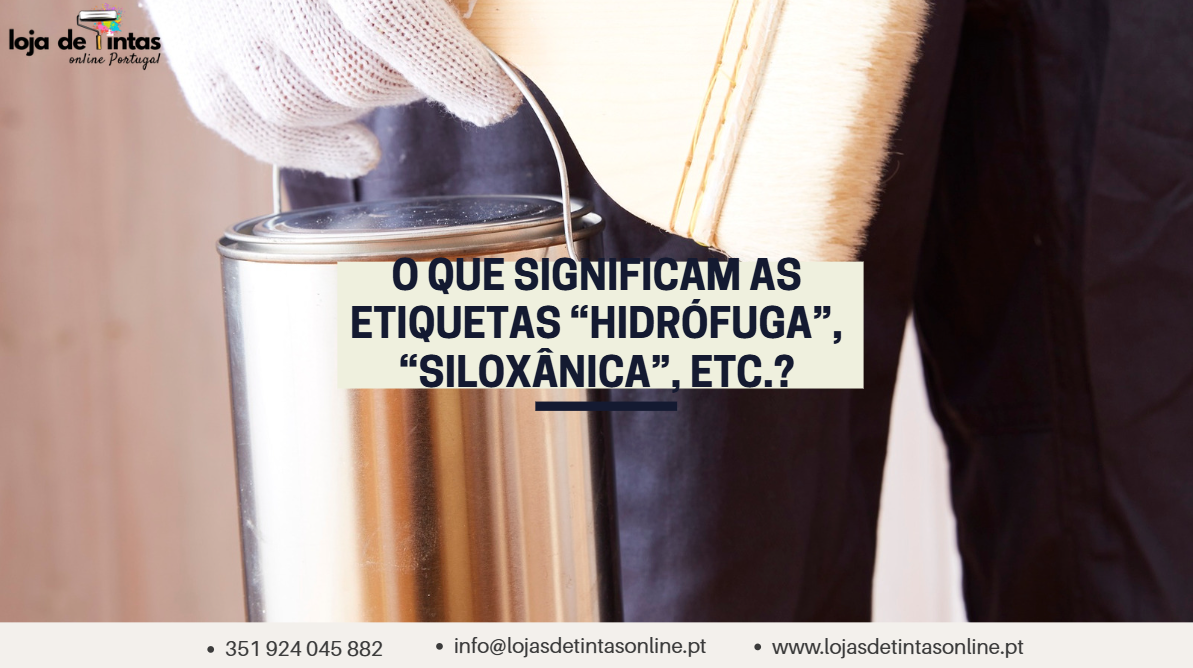 Etiquetas de produtos de pintura com termos como hidrófuga e siloxânica.